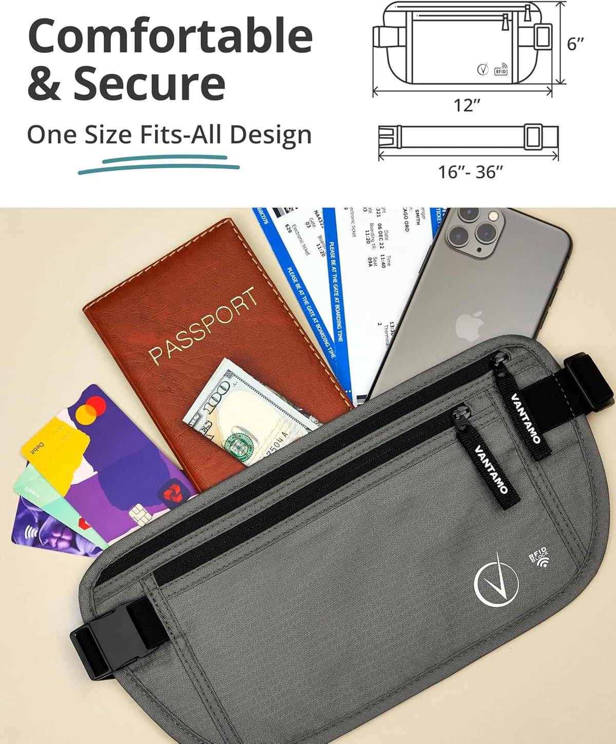 Vantamo Hidden Money Belt For Extra Safety, RFID Ultra-Thin Fanny Pack, 2 Compartment Money Bag Fits Passport & Phone
