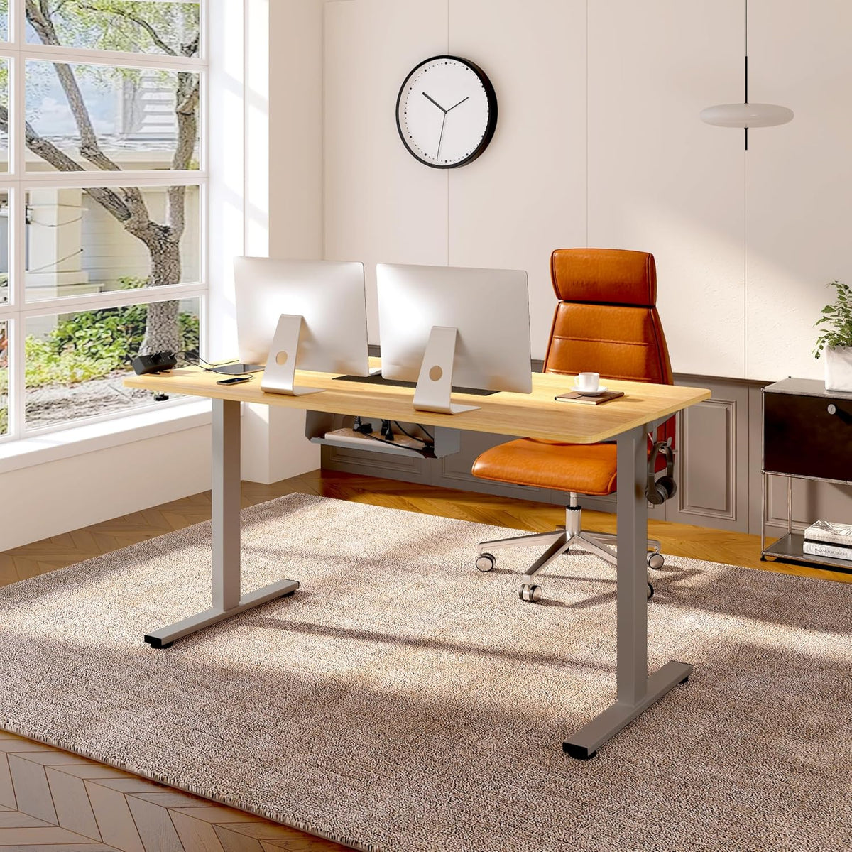 FLEXISPOT EN2 Whole-Piece Standing Desk with Clamp Power Strip, 40 x 24 Electric Stand Up Height Adjustable Desk with Cable Management (Gray Frame + Maple Top, 2 Packages)