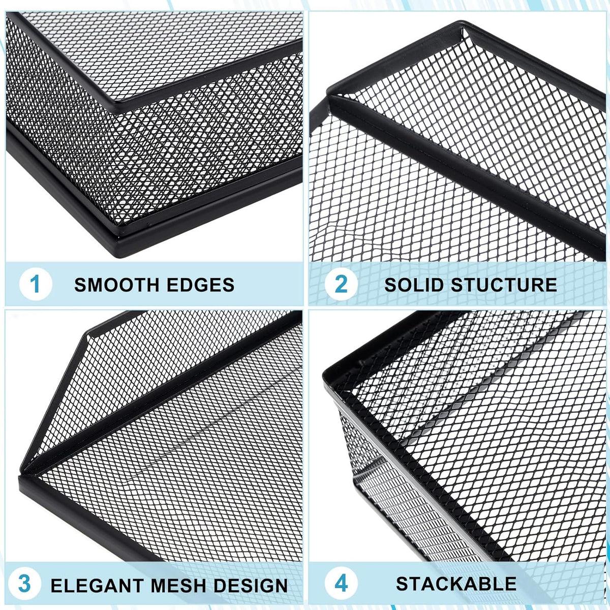 Hicarer 2 Pcs Black Metal Letter Tray Stackable Desk Tray Single Wire Mesh Organizer Front Load File Paper Holder for Desktop Office Home School Classroom (9.84 x 12.8 Inch)
