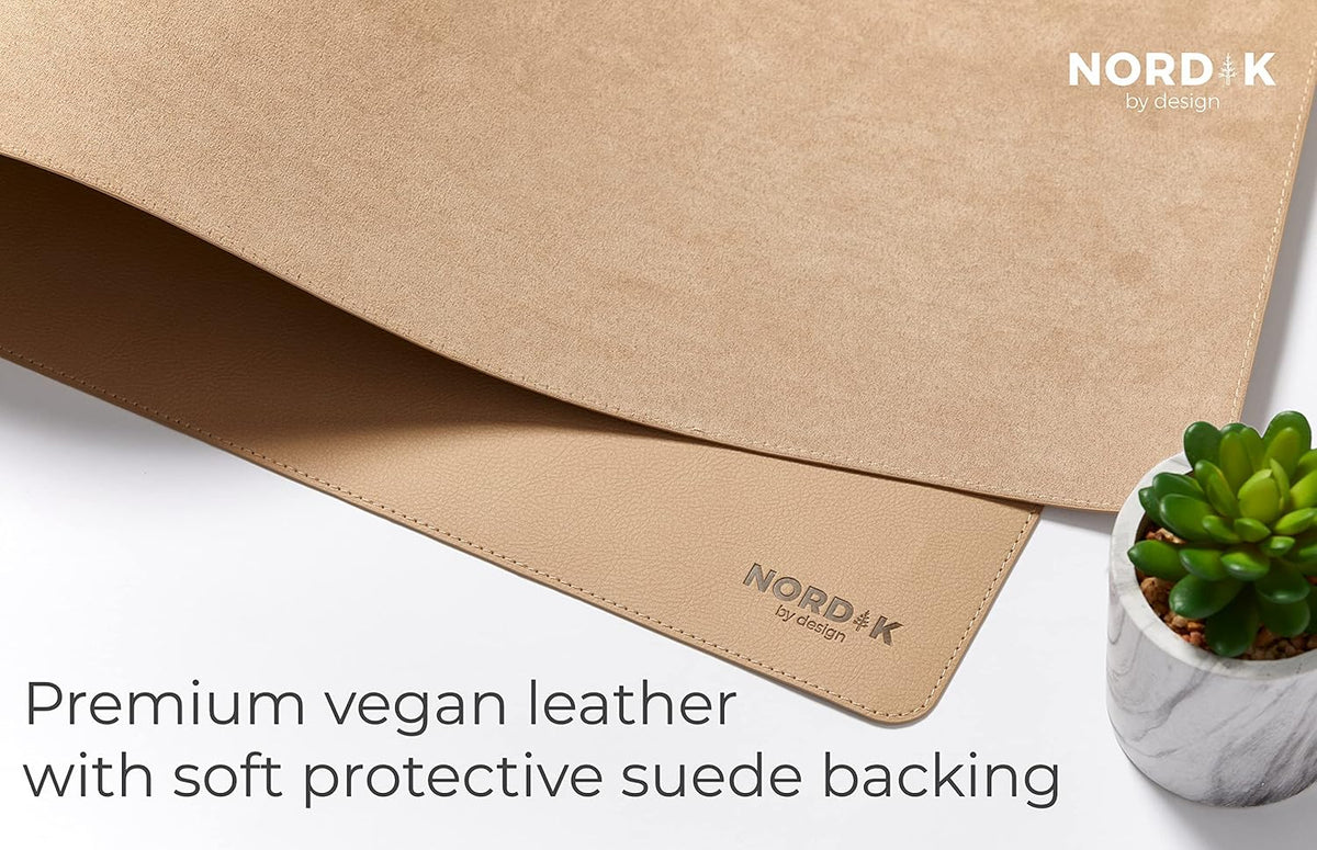 Nordik Leather Desk Mat Cable Organizer - Champagne Beige 35 X 17 inch - Premium Extended Mouse Mat for Home Office Accessories - Non-Slip Vegan Leather Desk Pad Protector & Desk Blotter Pad