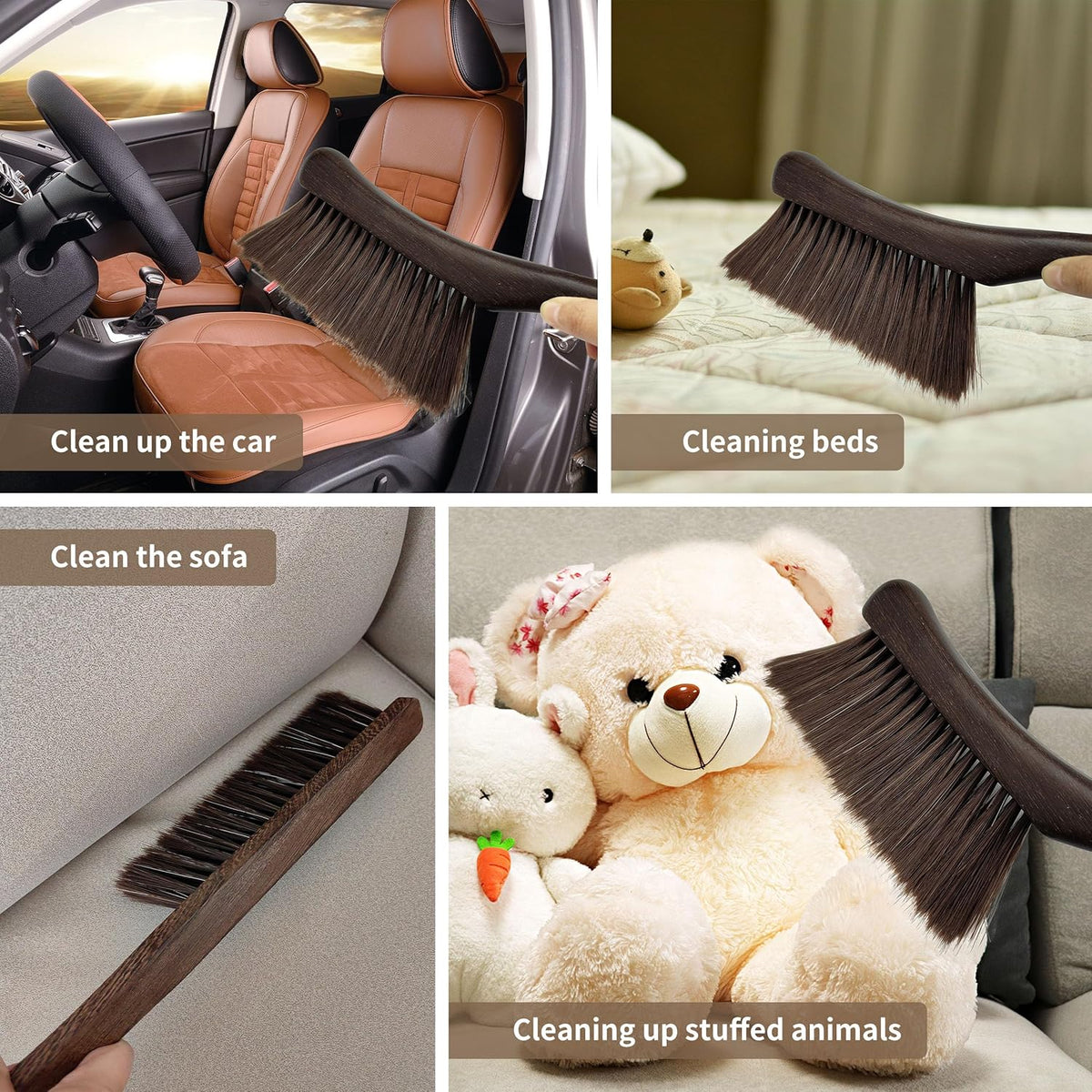 2 Pcs Wooden Hand Broom Brush, Dust Bench Brush Whisk Broom Soft Bristle Brush for Car Bed Furniture Clothes Couch Draft Sofa Fireplace Clothes Household Cleaning with Long Wood Handle(Brown)