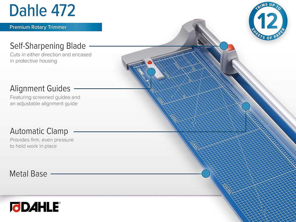 Dahle Large Format Premium Rolling Trimmer, 72" Cut Length, 12 Sheets Capacity, Cut Mat Board, Self-sharpening Blade Cuts in Both Directions, Ground Steel Blade, Automatic Clamp Holds (472)
