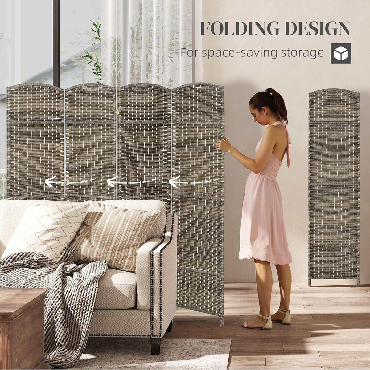 HOMCOM 4 Panel Room Divider, 6' Tall Folding Privacy Screen, Hand-Woven Freestanding Wall Partition for Home Office, Bedroom, Dark Rustic Oak