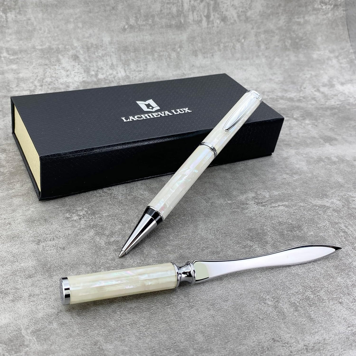 LACHIEVA LUX Luxury Mother of Pearl Ballpoint Pen & Letter Opener Set, Elegant Gift for Men & Women, Great for Christmas and Special Occasions