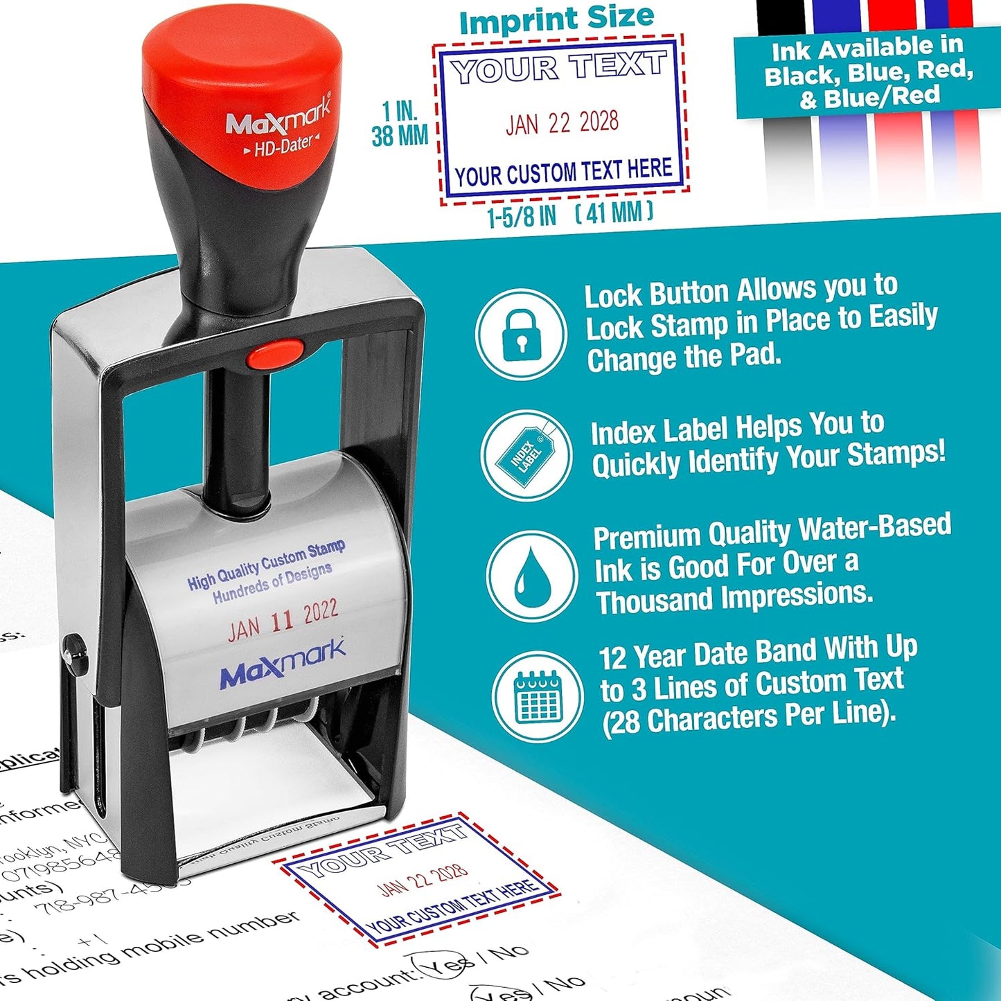 MaxMark Heavy Duty Self Inking Date Stamp with Phrase Revised - Red Ink