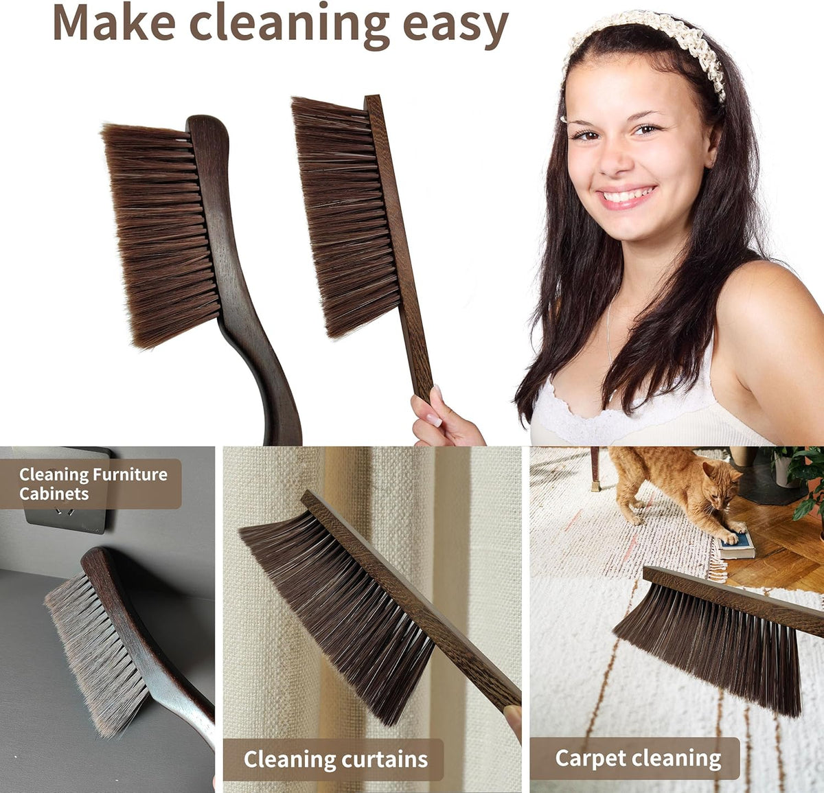 Hand Broom Brush, Dust Brush for Cleaning, Wood Block Hand Brush, Soft Bristle Cleaning Brush for Car Bed Furniture Clothes Garden Couch Draft (Straight Shank)