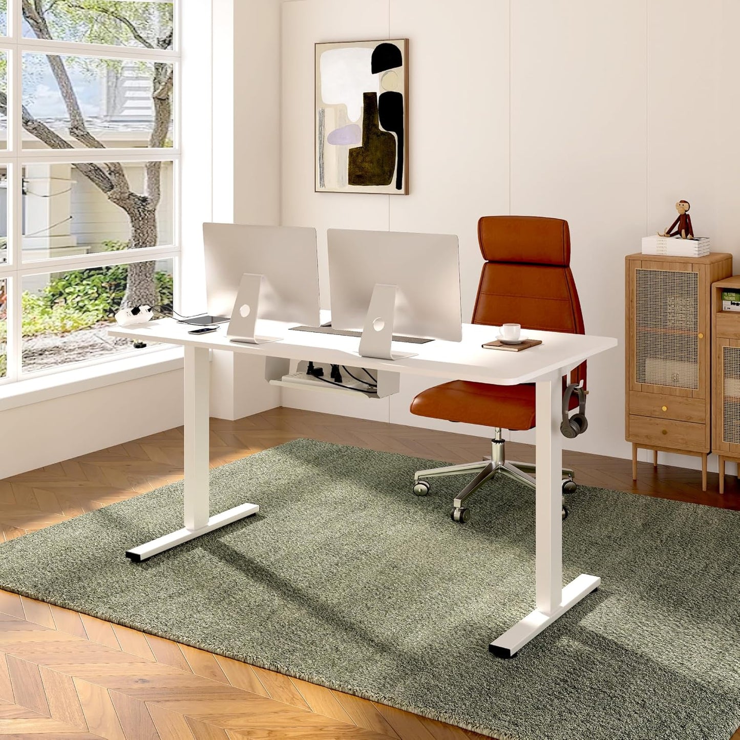 FLEXISPOT Standing Desk Frame with Clamp Power Strip and Cable Management Tray, Electric Sit Stand Desk Base with Memory Controller for Home and Office (White Frame Only)