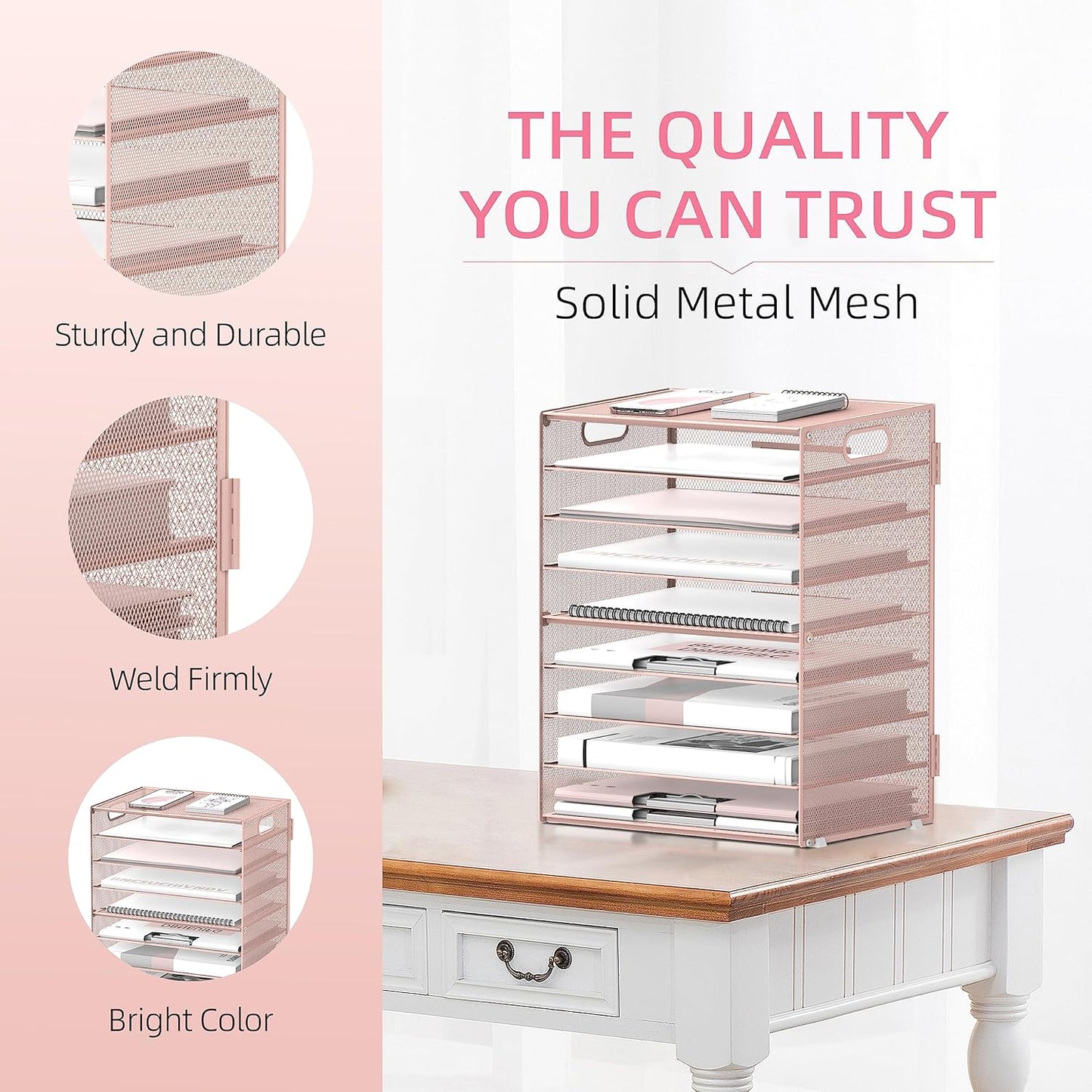 DALTACK 9-Tier Paper Letter Tray Desk Organizer with Handles, Mesh File Holder Organization, Paper Sorter Desk Organizer for Office Home School, Pink 2 Pack