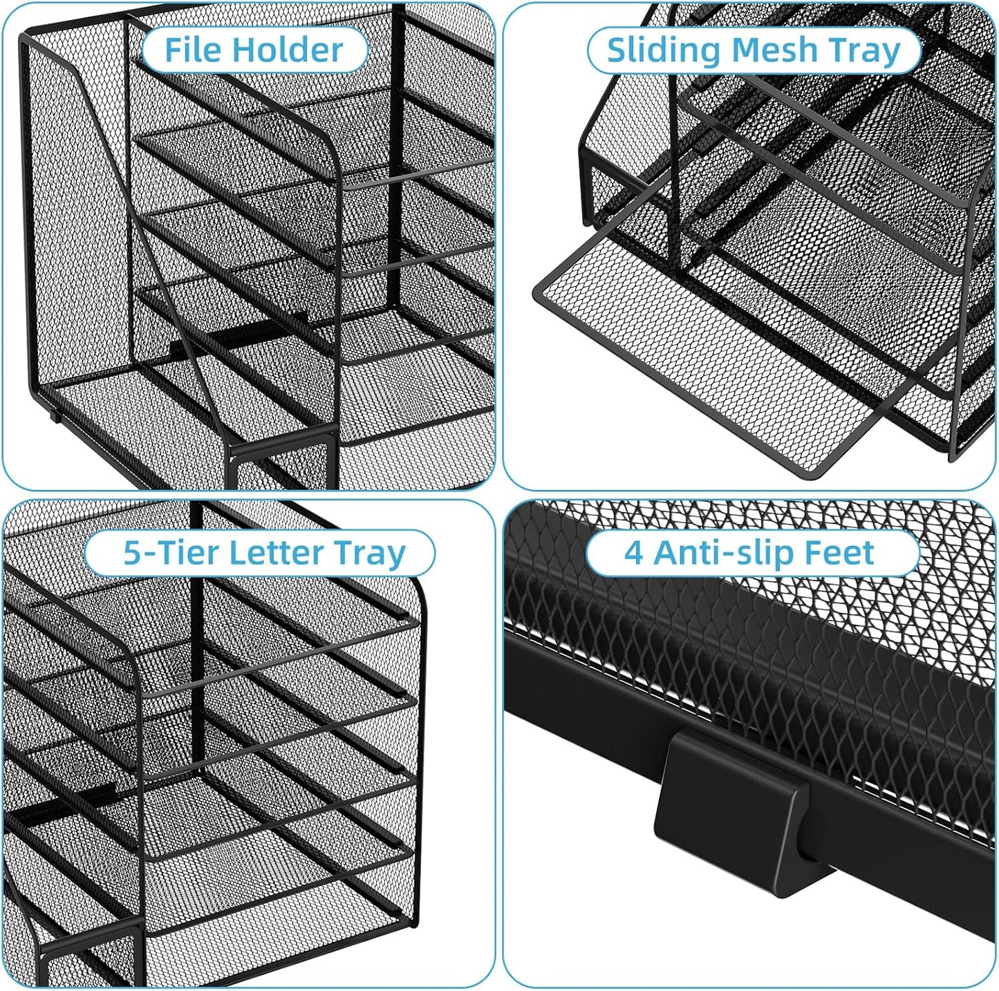 Marbrasse Desk Organizers and Accessories, 5-Tier Paper Letter Tray Organizer with File Holder, Mesh File Organizer, Office Desk Accessories & Organization for Supplies (Black)
