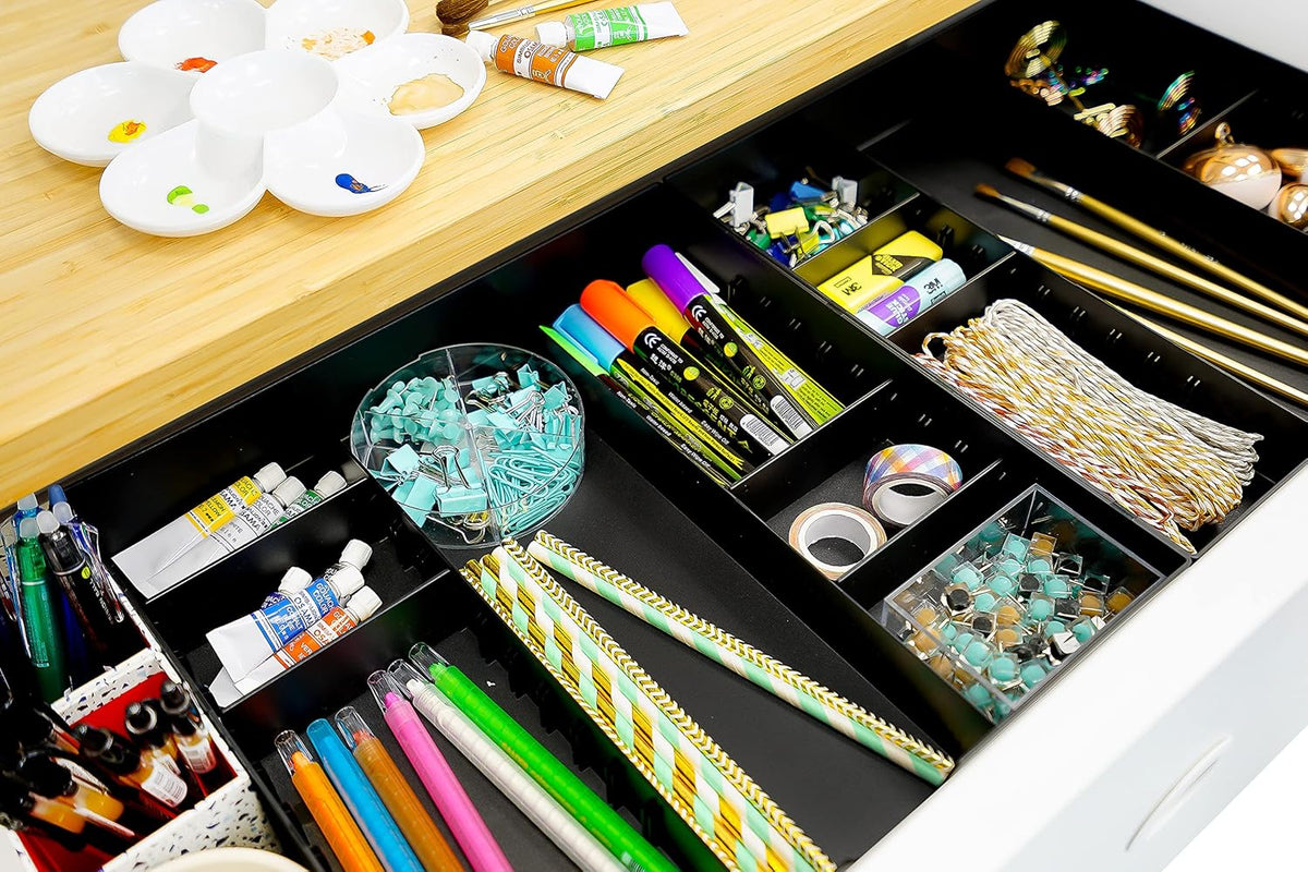 CAXXA 3 Slot Drawer Organizer with 4 Adjustable Dividers - Junk Drawer Storage for Makeup & Vanity, Office Desk Supplies and Accessories (BLACK, 1 PACK)