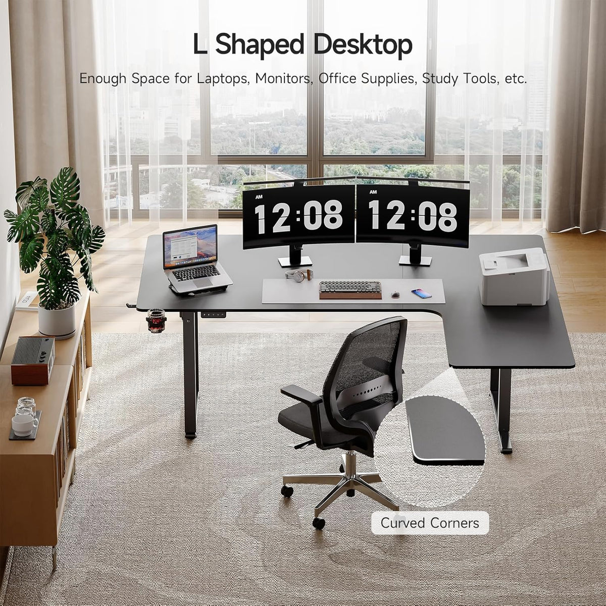 L Shaped Standing Desk, 71x43 Inches Electric L Stand Up Desk with 4 Legs, Dual Motor and Memory Controller, Adjustable Height from 28-46 Inches for Home and Computer Workstation, Black