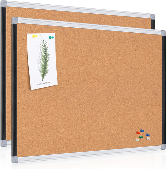 Board2by 2 Pack Cork Bulletin Board 24" x 18", Black/Sliver Aluminium Framed Corkboard, Office Board for Wall Decor, Large Wall Mounted Notice Pin Board with 36 Push Pins for School, Home & Office