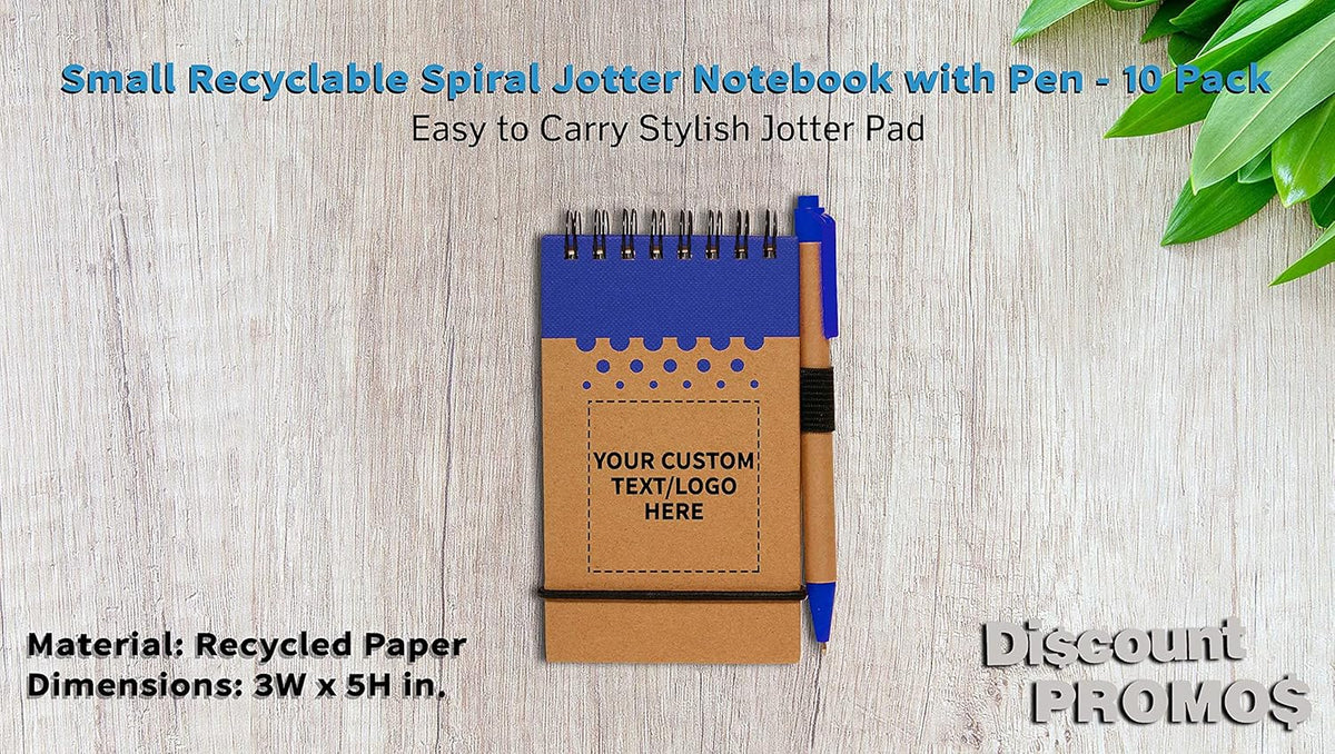 DISCOUNT PROMOS 10 Recyclable Spiral Small Notebooks Pack - Customizable Text, Logo - 60 Lined Pages - Blue