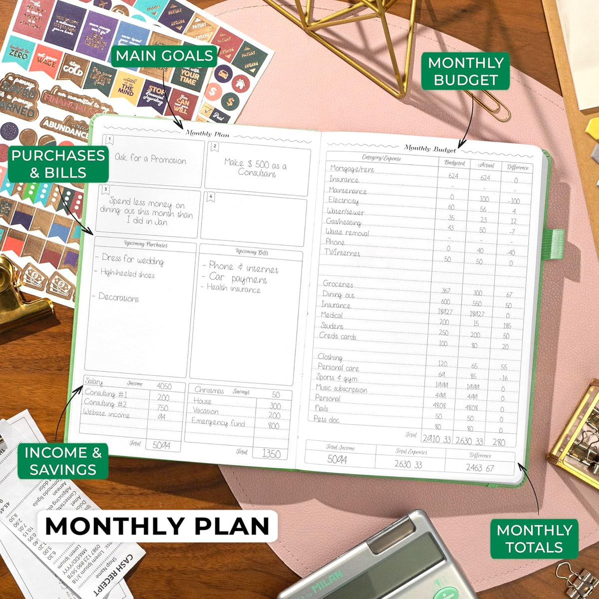 GoGirl Budget Planner – Monthly Financial Planner Organizer Budget Book. Expense Tracker Notebook Journal to Control Money, A5 (Mint Green)
