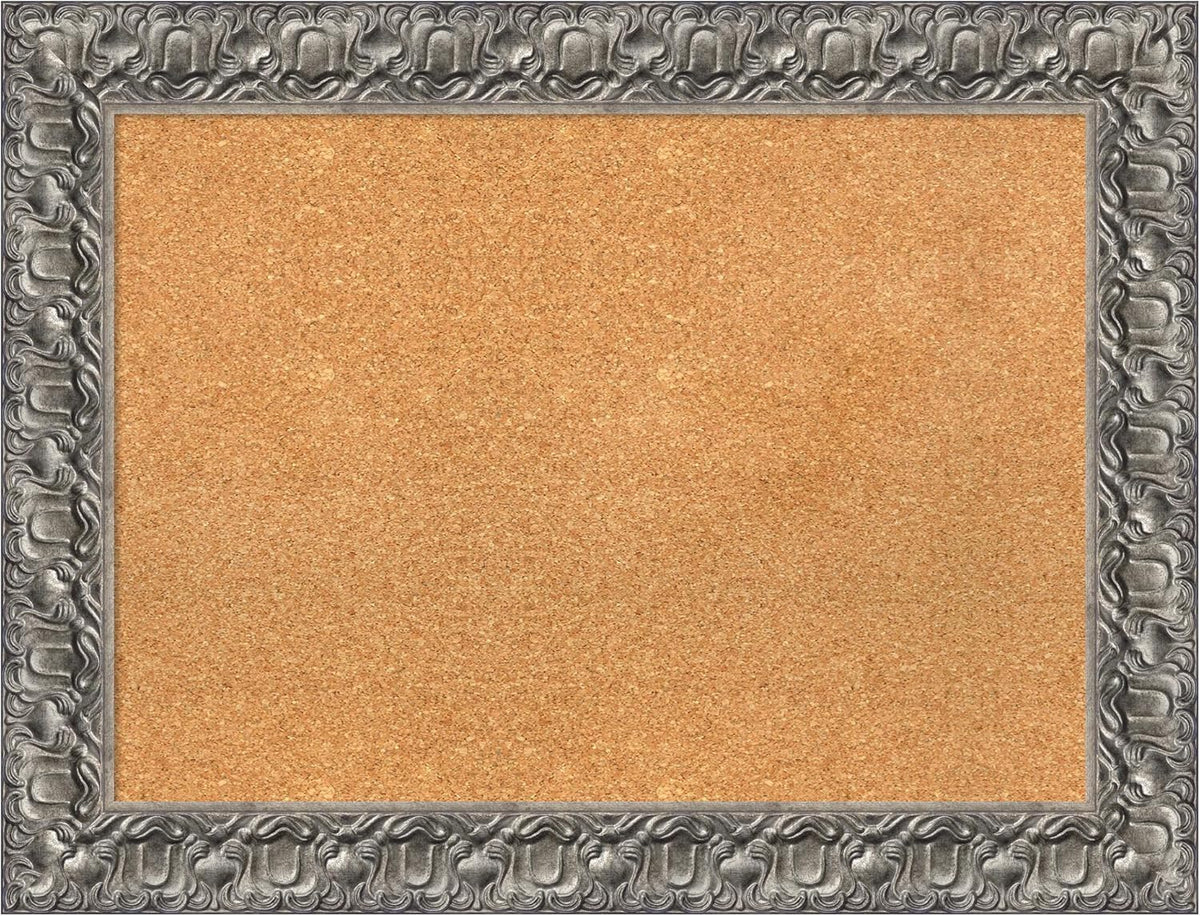 Amanti Art Natural Cork Board for Wall, 26x34 Vision Board with Silver Wood Frame, Medium Corkboard Office Decor for Home Organization, Traditional Corkboard Pinboard to display items for home