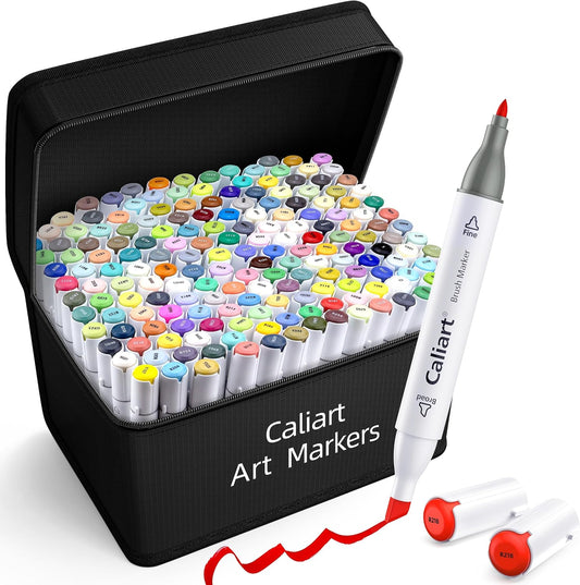 Caliart Alcohol Based Markers, 180 Colors Dual Tip Art Marker Set Fine & Chisel, Permanent Colored Pens for Adults Coloring Book Artists Illustration Sketch Lettering Drawing Cards Planner