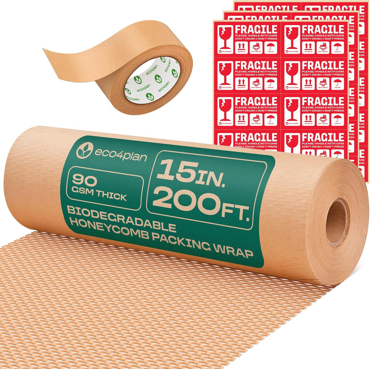 Honeycomb Packing Paper | Extra Thick 90 GSM Packing Wrap | Biodegradable Packing Materials: 15” x 200’ Moving Paper + 195’ Cellulose Adhesive Tape + 30 Fragile Stickers | Paper Bubble Wrap