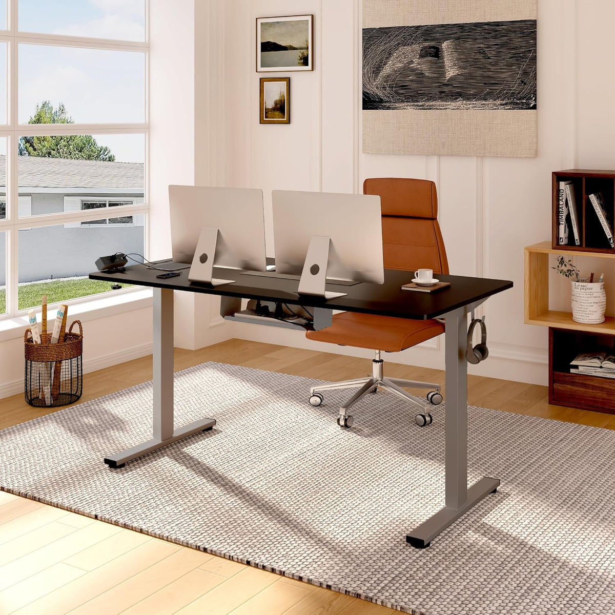 FLEXISPOT EN2 Whole-Piece Standing Desk with Clamp Power Strip, 55 x 28 Electric Stand Up Height Adjustable Desk with Cable Management (Gray Frame + 55" Black Top, 2 Packages)