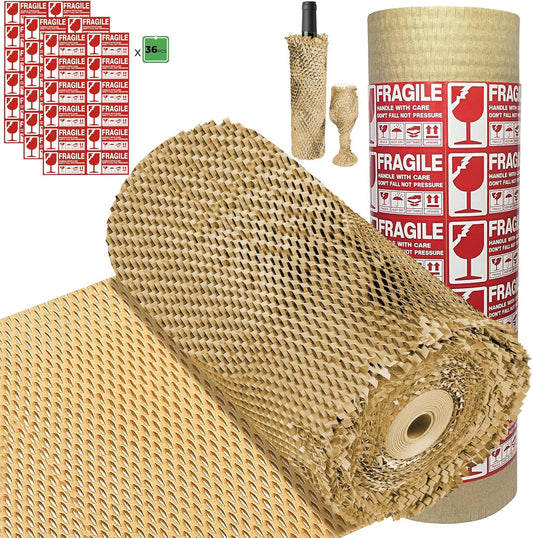 Honeycomb Packing Paper Wrap 15''360', Substitute Alternative for Bubble Cushioning Wrap for Moving Shipping Packaging, Recyclable Moving Supplies with 36 Fragile Sticker Labels