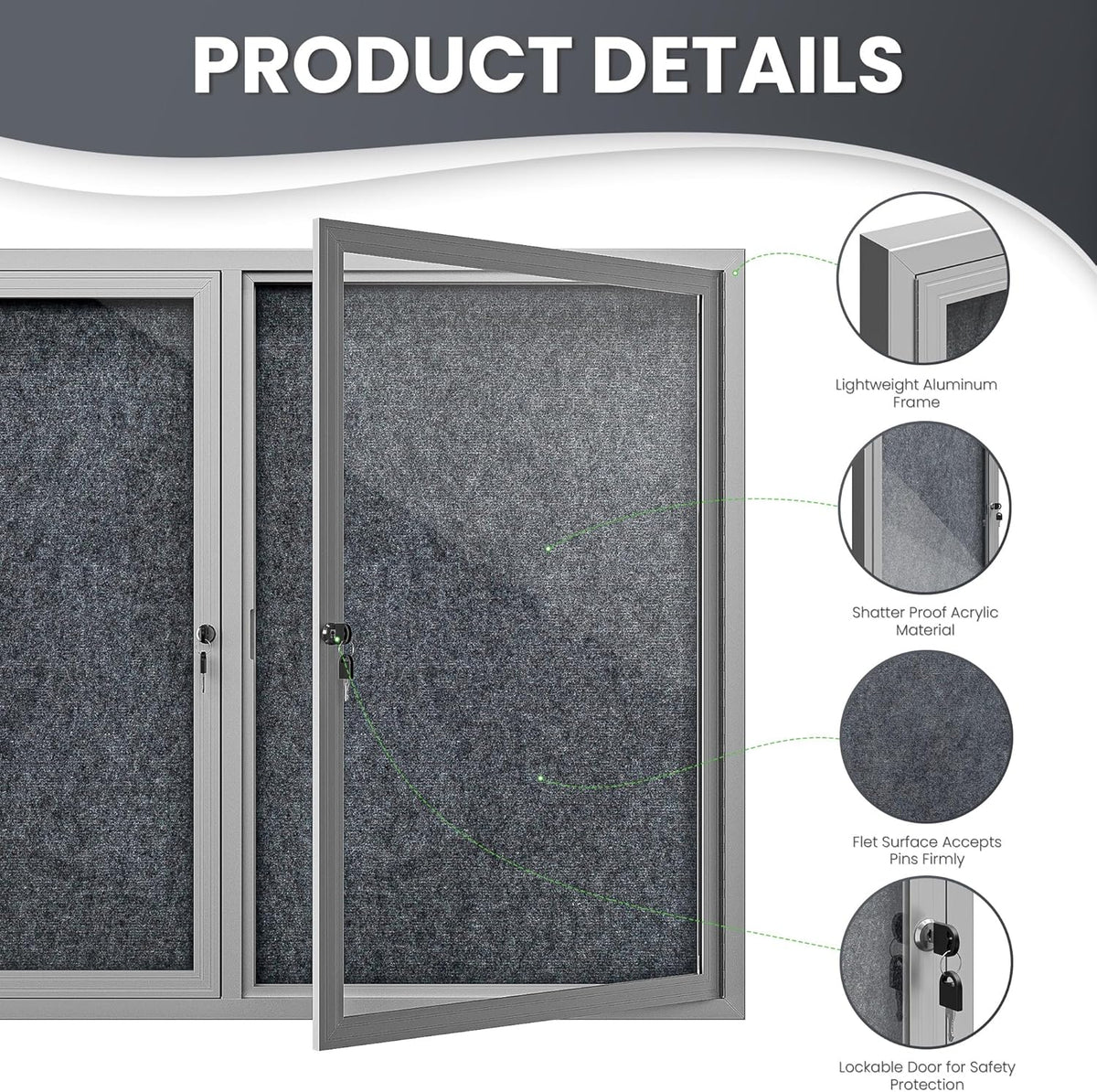 48"x36" Lockable Enclosed Bulletin Board, Outdoor Flet Weather-Resistant Aluminum Frame Notice Board, Wall Mounted Display Case Acrylic Doors for School,Office,Silver Frame w/Grey Flet