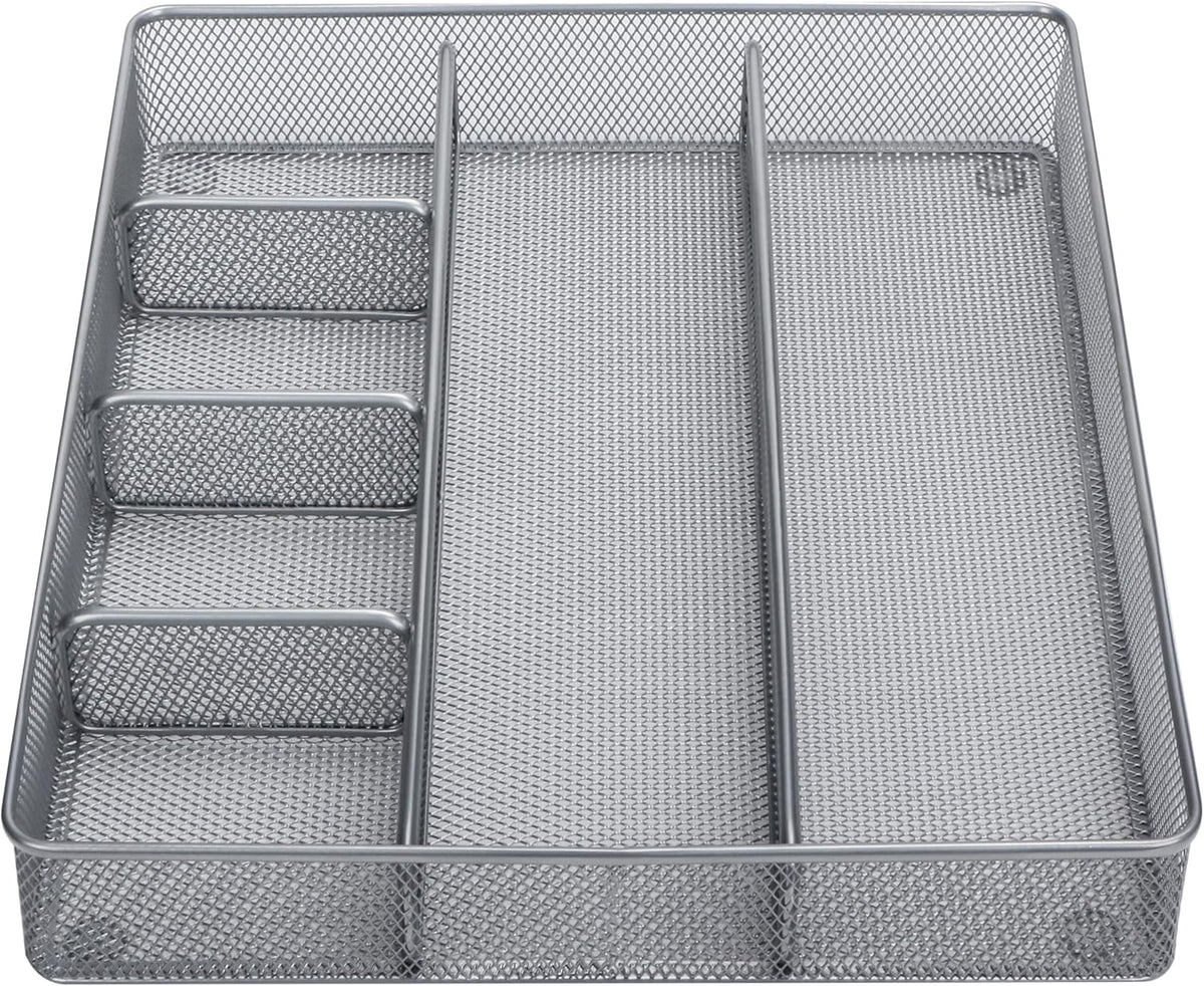 Annova Desk Top Organizer Tray for Office Organization - Metal Mesh - Storage Tray with Dividers for Pens, Desktop Accessories, Bathroom, Kitchen, Makeup and Office Supplies (Large, Silver)