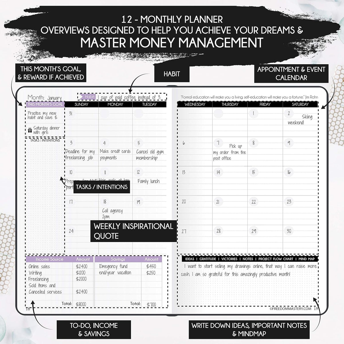 Financial Planner - Monthly Budget Planner & Monthly Bill Organizer | A 12-Month Journey to Financial Freedom | Bill Payment Tracker Organizer, Debt, Expense Tracker & Money Saving with Pockets