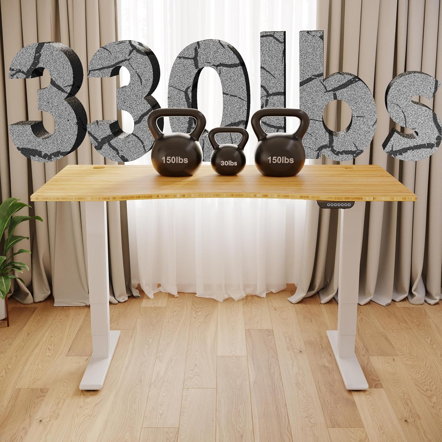 FLEXISPOT E6 MAX Bamboo Dual Motor 3 Stages Standing Desk 55x28 Inch Whole-Piece Board Electric Height Adjustable Stand Up Desk 150KG Load Capacity(White Frame + Bamboo Curved Desktop)