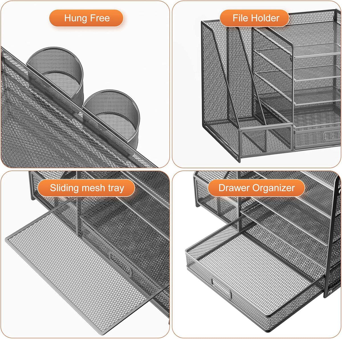 Marbrasse 5-Tier Paper Letter Tray Organizer with Drawer and Pen Holder, Mesh Desktop Organizer and Storage with Magazine Holder for Office Supplies (Grey)