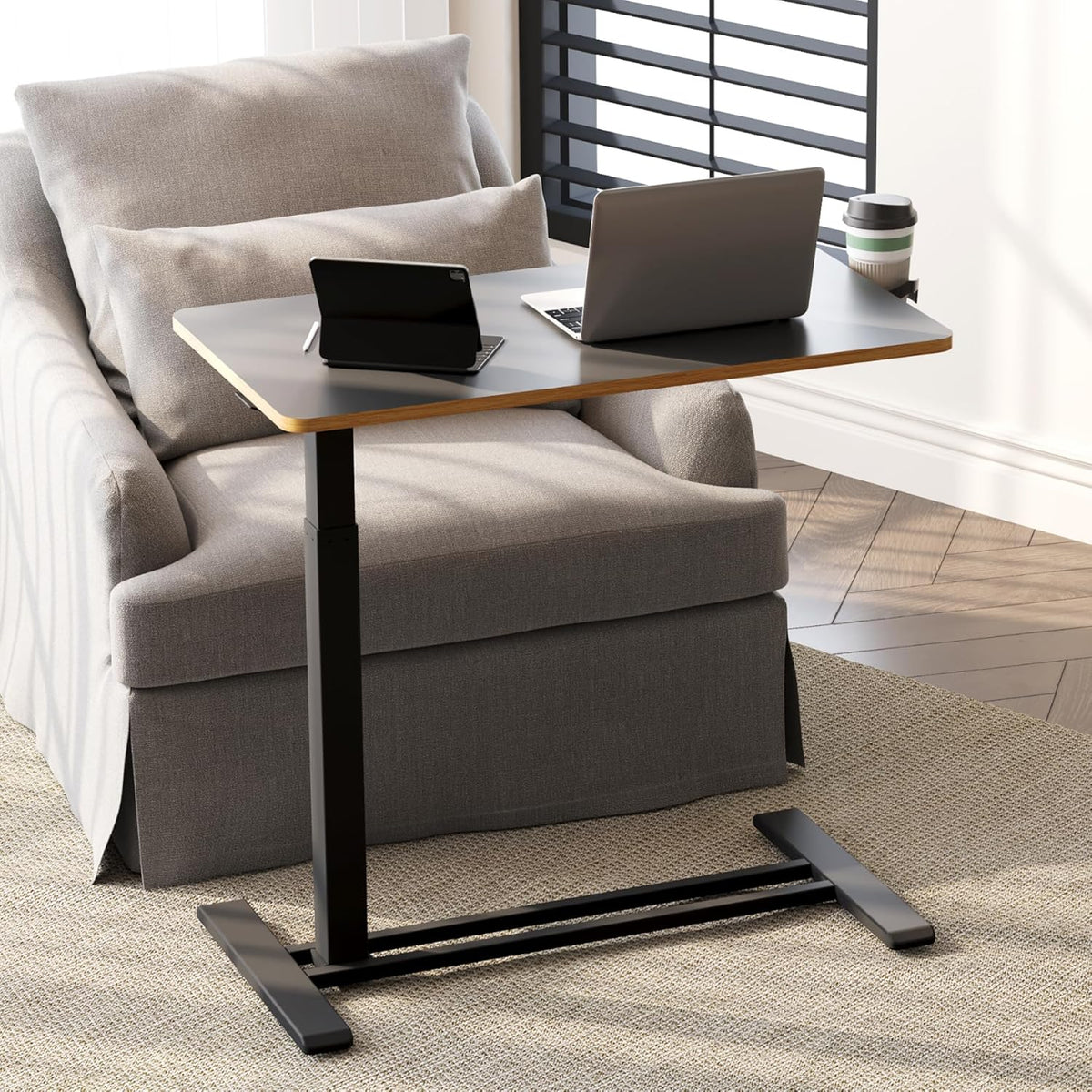 SANODESK Mobile Standing Desk with Hidden Wheels,Pneumatic Laptop Desk Rolling Computer Cart Movable Height Adjustable Small Sit Stand Desk for Home Office(31.5" W x 17.7" D, Black+Maple Band)
