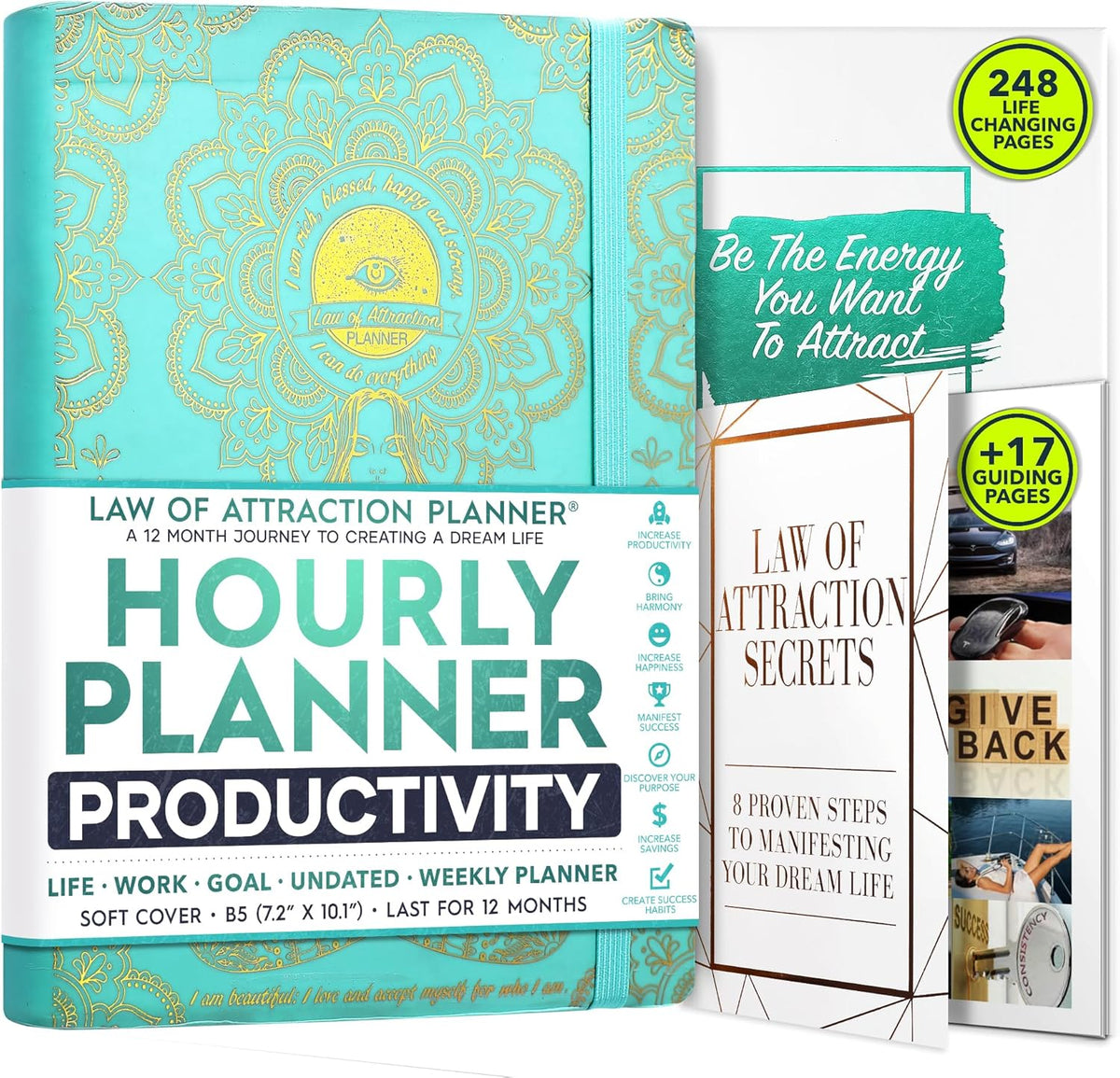Hourly Planner – Undated Weekly & Monthly Goal Setting Planner, 12-Month to Increase Productivity | Life & Gratitude Journal, Include Foldable Vision Board, Gift Box & Stickers