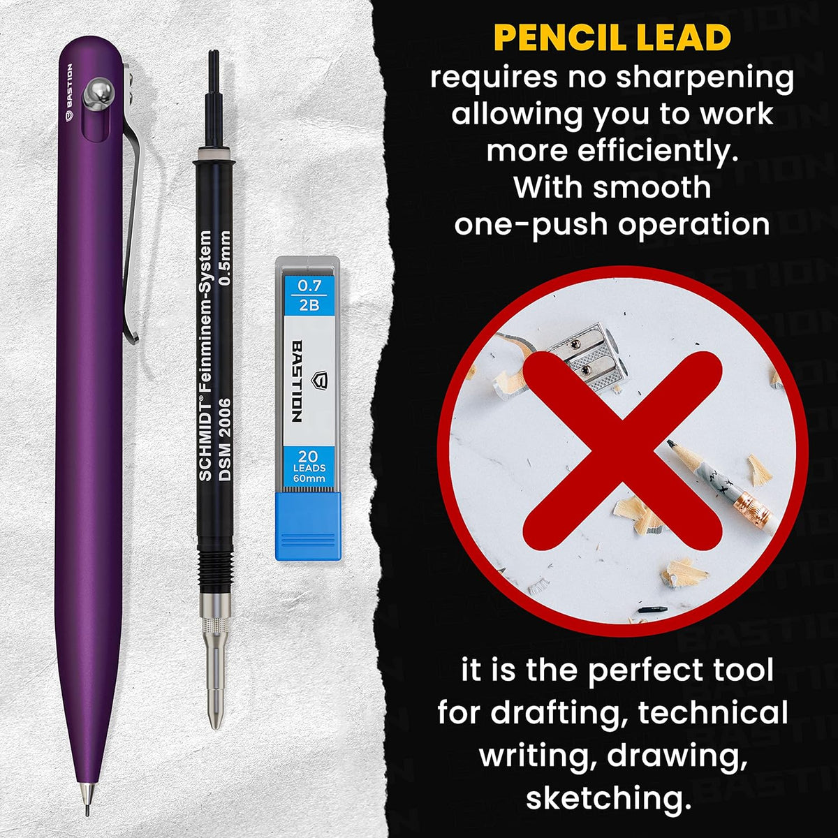 Bastion Mechanical Pencil with Medium Point Refillable Leads - Premium Aluminum Bolt Action Gift Case Metal For Architecture, Drawing, Sketching 20x0.7mm Lead Refills, Purple