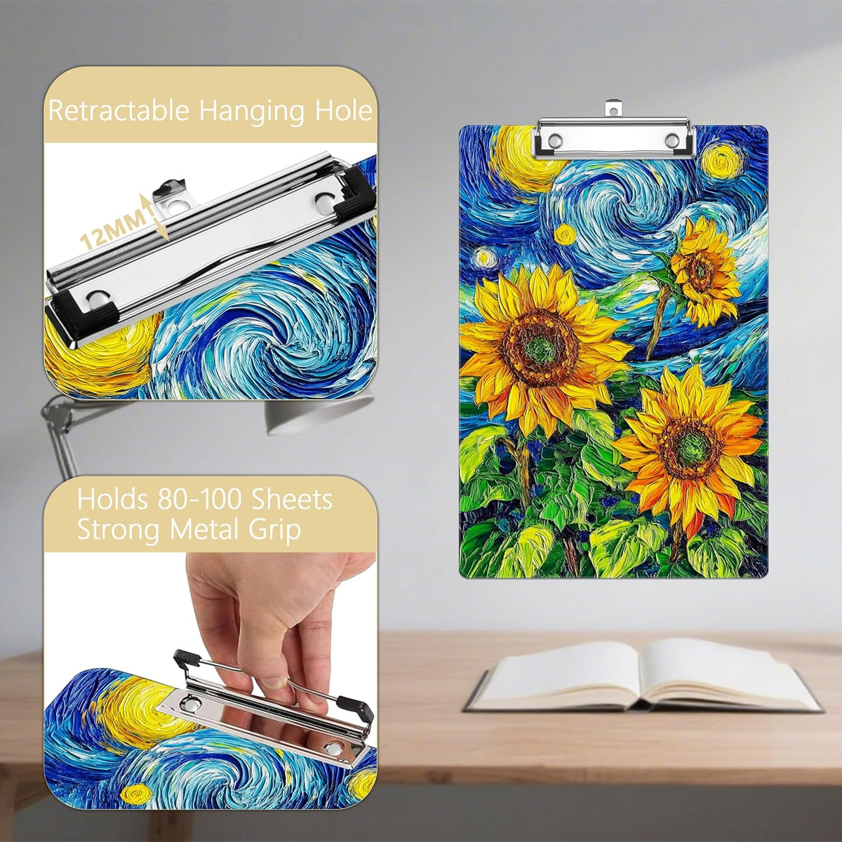 Sunflower Plastic Clipboards,Decorative Plastic Acrylic Clipboard for Teacher Social Worker Students Office Supplies 8 * 12