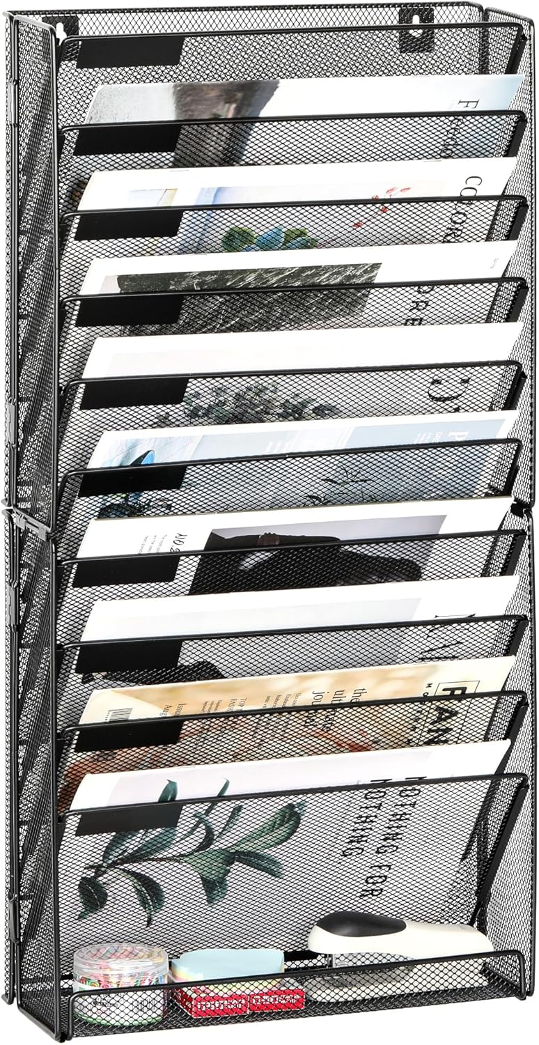 EasyPAG Wall File Holder Organizer 11 Tier Mesh Hanging Wall Mounted Document Paper Folder Filing Magazine Rack with Nametag Label for Office Home School, Black