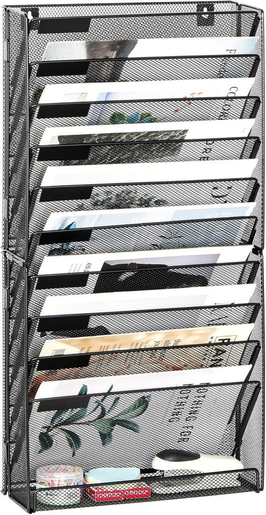 EasyPAG Wall File Holder Organizer 11 Tier Mesh Hanging Wall Mounted Document Paper Folder Filing Magazine Rack with Nametag Label for Office Home School, Black