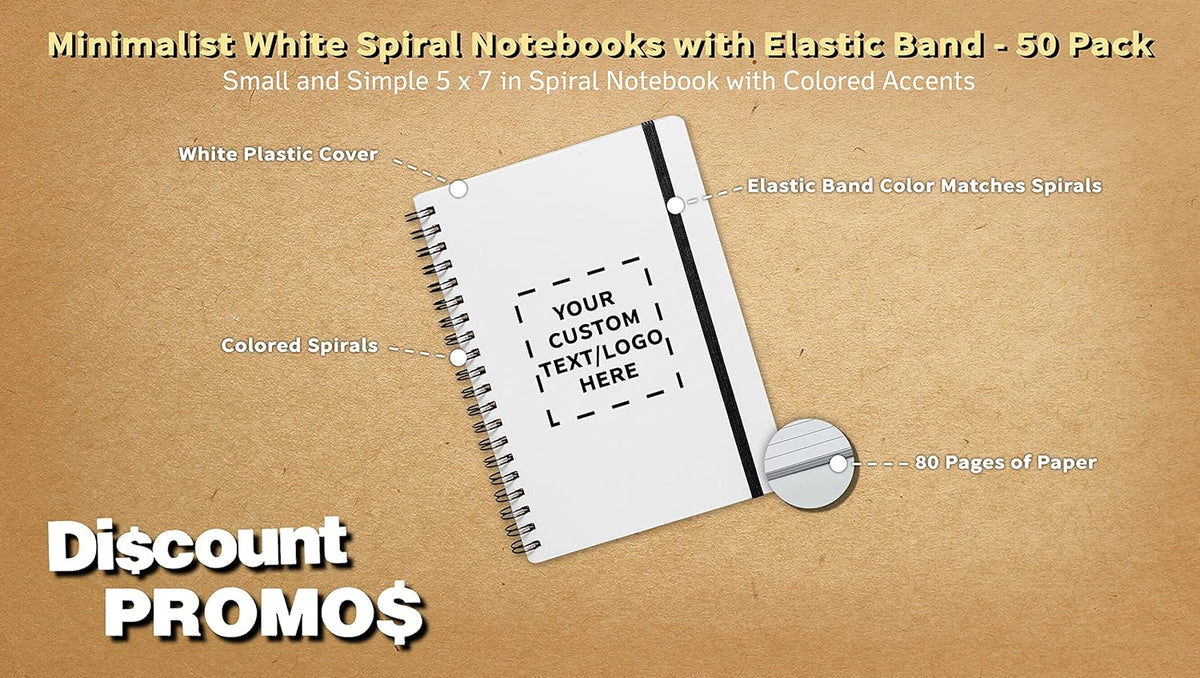 50 White Spiral Notebooks with Elastic Band Pack - Customizable Text, Logo - 80 lined pages, Recycled - Black