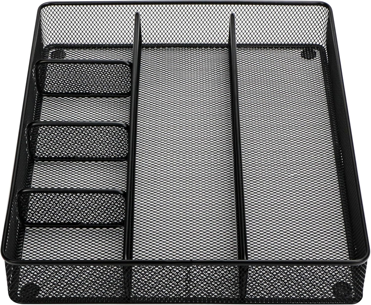 Annova Desk Top Organizer Tray for Office Organization - Metal Mesh - Storage Tray with Dividers for Pens, Desktop Accessories, Bathroom, Kitchen, Makeup and Office Supplies (Large, Black)