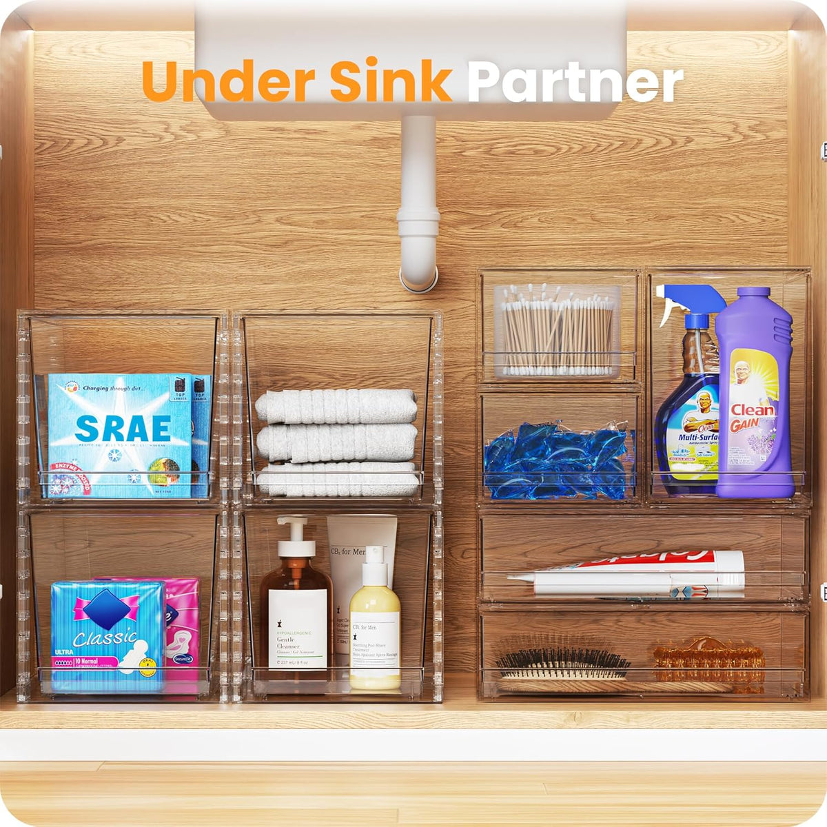 A-LuGei 【𝟰𝗣𝗖𝗦】 Acrylic Stackable Storage Drawers, 8.7" H Makeup Organizer, Bathroom Organizer and Storage, Plastic Storage Bins for Kitchen Cabinet Pantry Medicine Fridge