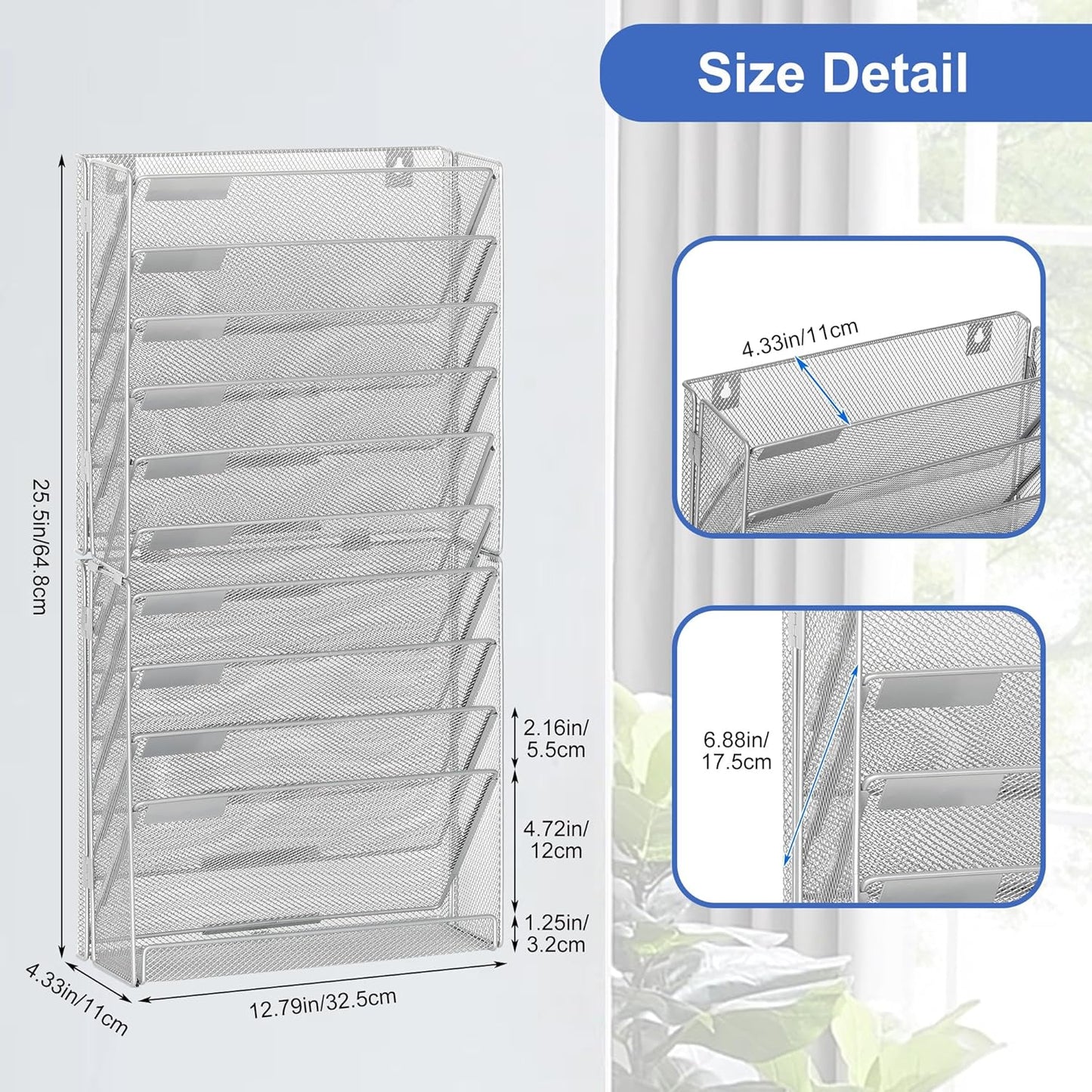EasyPAG Wall File Holder Organizer 11 Tier Mesh Hanging Wall Mounted Document Paper Folder Filing Magazine Rack with Nametag Label for Office Home School, Silver