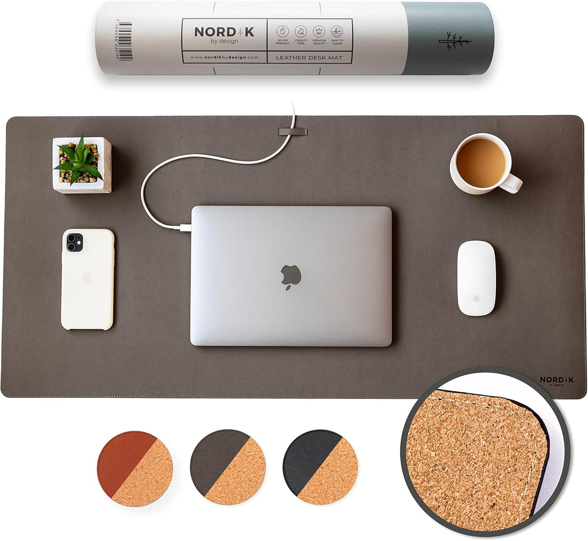 Nordik Cork Leather Desk Mat Cable Organizer - Gunmetal Grey 35 X 17 inch - Premium Extended Mouse Mat for Home Office Accessories - Non-Slip Vegan Leather Desk Pad Protector & Desk Blotter Pad