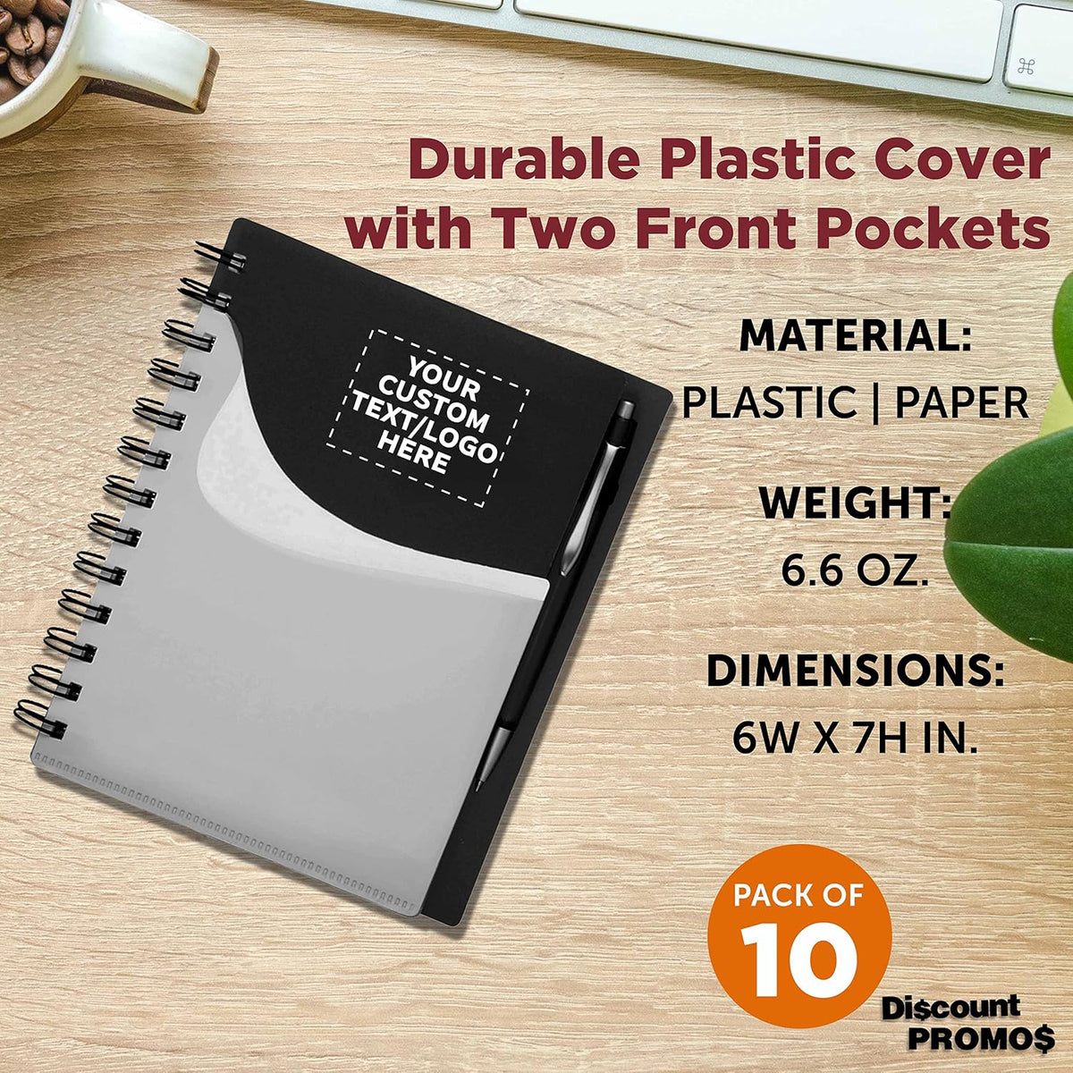 DISCOUNT PROMOS Custom Spiral Notebooks with Front Pocket Set of 10, Personalized Bulk Pack - Durable Plastic Cover, Includes Matching Pen in Blank Ink, Perfect for School, Office, Home - Black