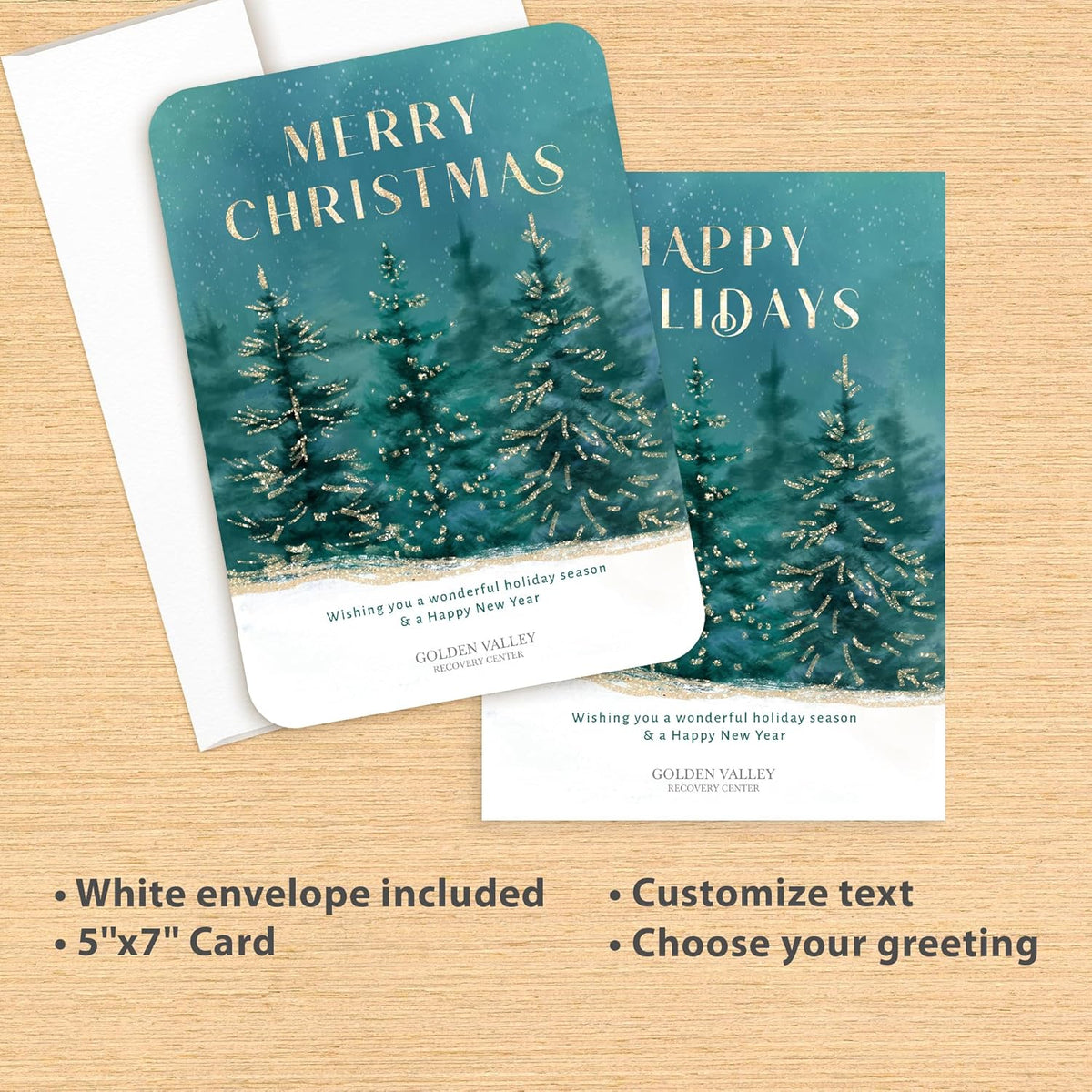 Let's Make Memories Personalized Business Christmas Cards with Envelopes - Premium Quality - 5x7-2025 Holiday Cards & White Envelopes - Gilded Trees - 75 ct