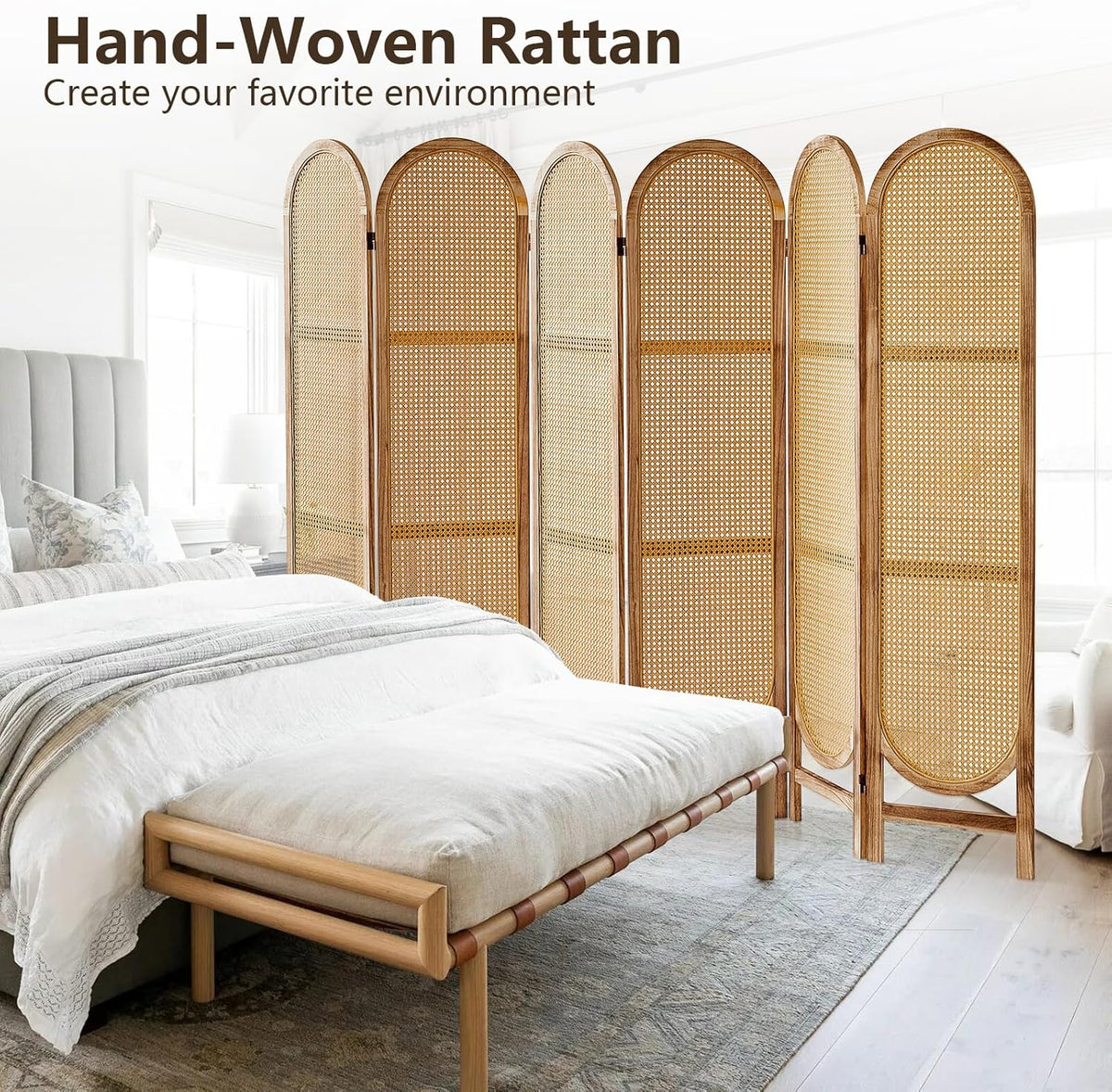 6 Panels Room Dividers and Hand-Woven Rattan Room Divider Wall, Wood Room Divider Folding Privacy Screens for Home Office Bedroom, Light Brown