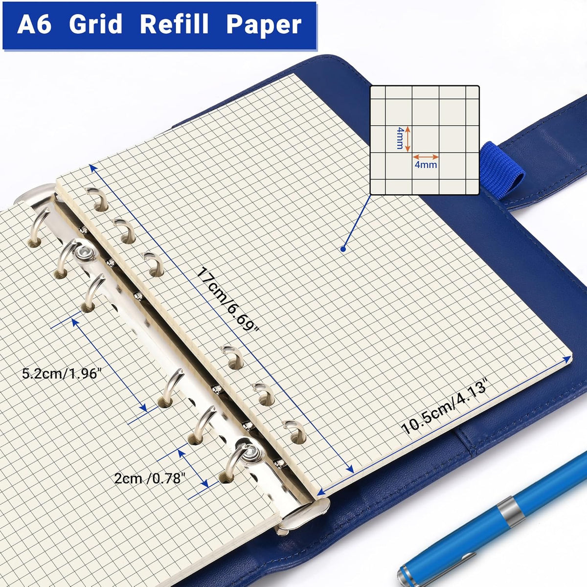 A6 Grid-Ruled Refill Paper, 100gsm Thick Beige No-Bleed Sheets (2 Packs, 80 Sheets Each), Pre-Punched – Fits A6 6-Ring Binders for Office, School & Teachers
