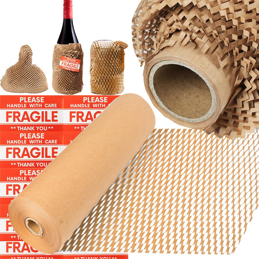 Uptotop Honeycomb Packing Paper, 15" x200' Bubble Cushioning Wrap for Moving Shipping Wrapping Paper, Cushioning Wrap Protective Roll with 36 Fragile Sticker Labels (15IN x 200 FT)