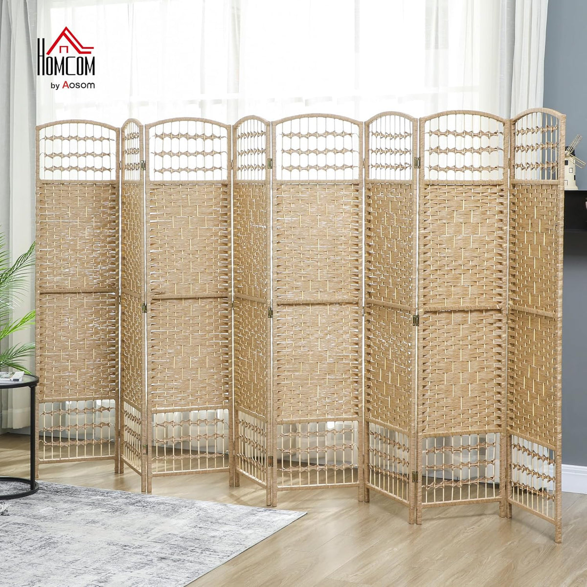 HOMCOM 8 Panel Room Divider, Folding Privacy Screen, 5.6' Room Separator, Wave Fiber Freestanding Partition Wall Divider, Natural