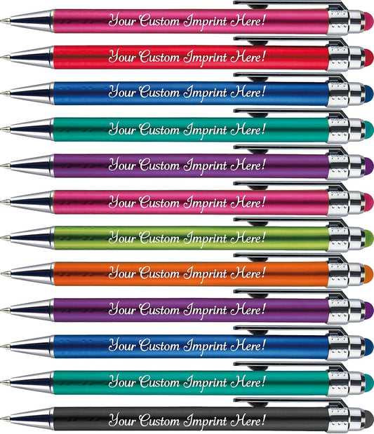 Personalized Pens with Stylus Tip -Bright Vibes- Click action - Custom - Black writing - Printed Name pens - Imprinted with Your Logo or Message - FREE PERSONALIZATION - 12 Pens/Box (Assorted)