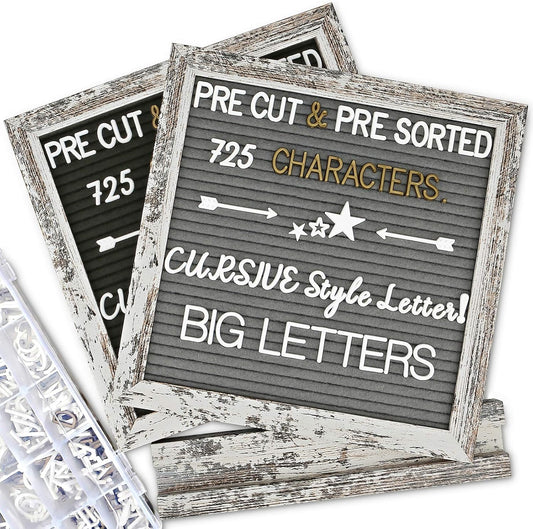 Double Sided Felt Letter Board with Rustic Wood Frame 10x10 Inch - Pre Cut & Sorted 725 Letters with Stand, Cursive Style Letters, Big Letters, Letter Organizer, Tabletop Display