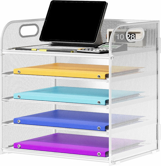 5 Tier Paper Organizer with Handle, Metal Mesh Desk Organizer File Folder Paper Letter Tray Desktop Document Sorter for Classroom, School, Office Accessories Organization and Storage - White