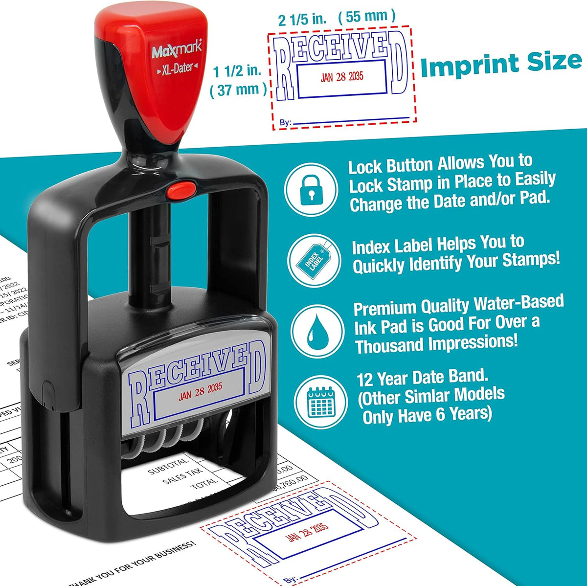 MaxMark Heavy Duty Style 3 Date Stamp with Entered self Inking Stamp - Blue Ink