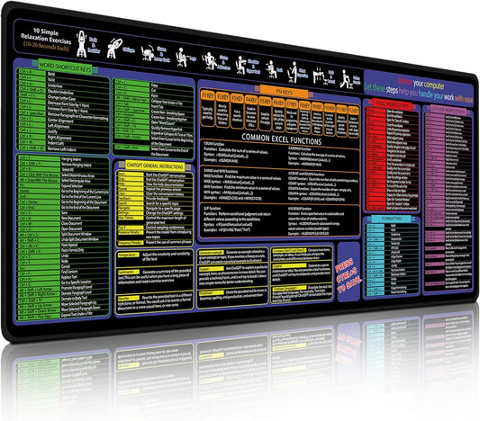 Mouse Pad with Excel, Word, Shortcuts – Excel Cheat Sheet Desk Pad – Portable Computer Mousepad – Gaming, Office, Waterproof, Non-Slip, Stitched Edges 35.5 x 15.7inches x 3mm